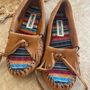 Minnetonka Brown Moccasins with Multicolor Stripes